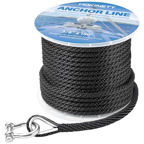 HOKINETY Marine Grade Anchor Rope 3/8 Inch x 150FT Black Floating Braid with Stainless Steel Thimble & Shackle
