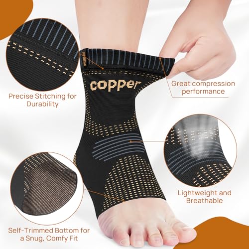 Copper Ankle Brace - Ultra-Breathable Compression Support - Black, Large