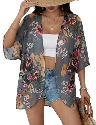 Floral Chiffon Beach Cover Up Kimono Cardigan - Grey Large