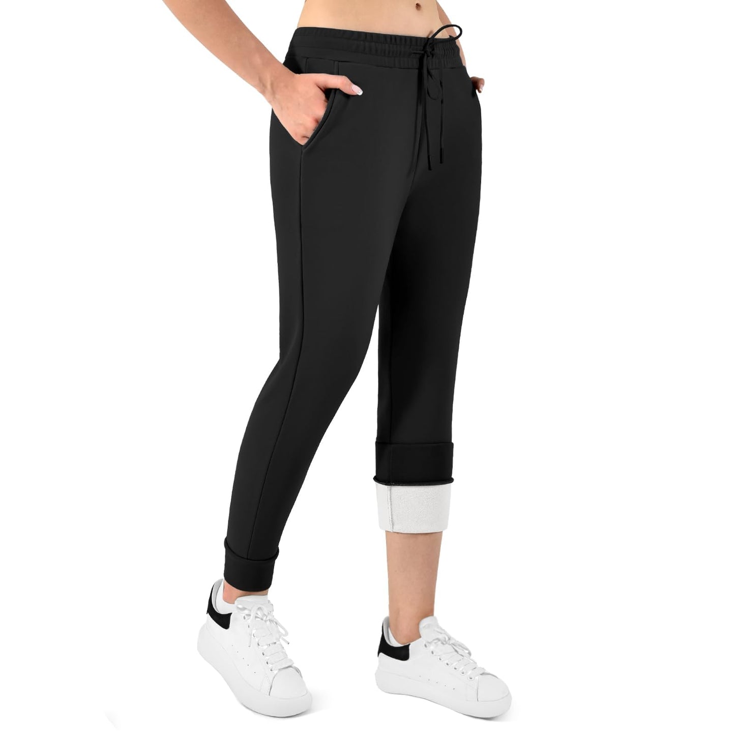Walifrey Fleece Lined Joggers for Women with Pocket, Women's Warm Sweatpants for Winter Hiking Jogging and Workout,1 Pack Black L