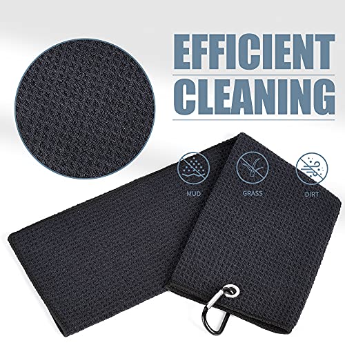 Tri-fold Golf Towel - 16" x 24" Microfiber with Carabiner Clip - Black