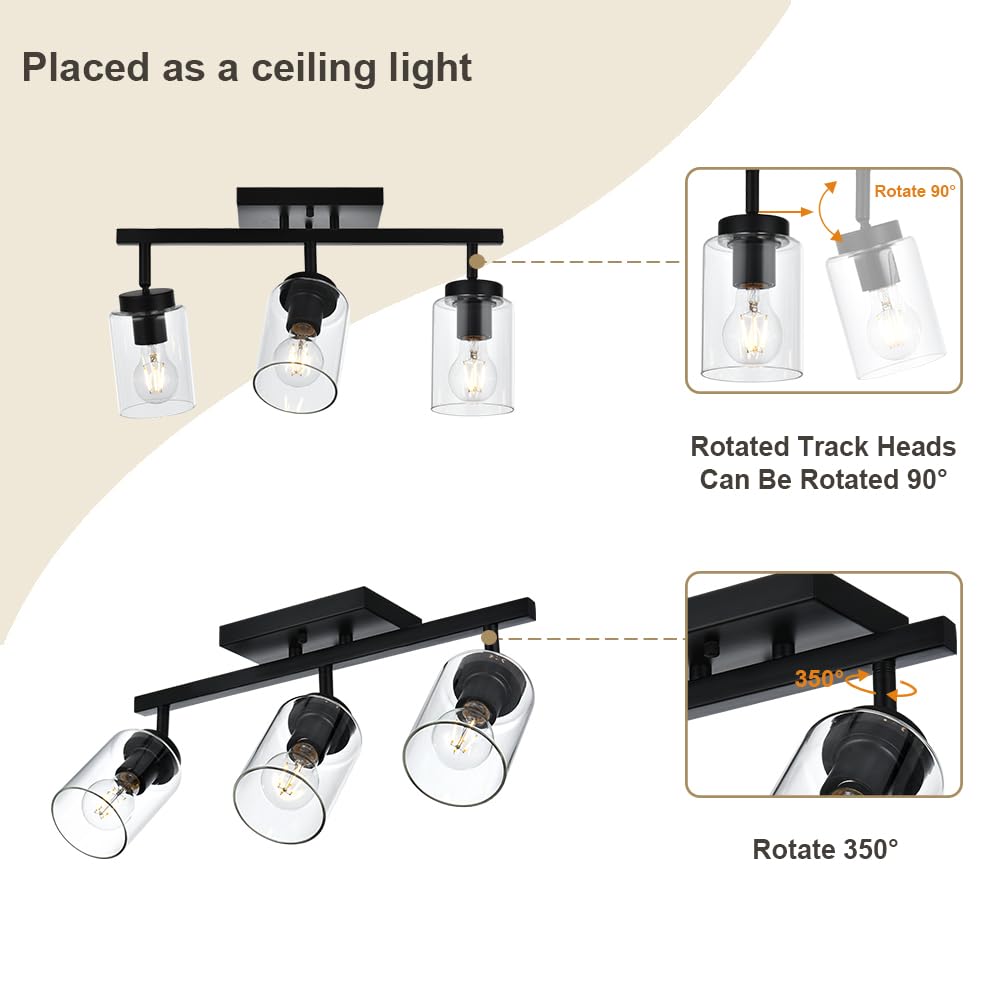 VINLUZ 3 Light Black Wall Sconces Bathroom Vanity Lighting Fixture with Clear Glass Shade Classic Spotlight Fixture with Rotatable Light Head Metal Ceiling Light Fixture