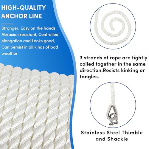 VEITHI 1/2in x 100ft Boat Anchor Rope with Stainless Thimble & Shackle White, 3-Strand Marine Line