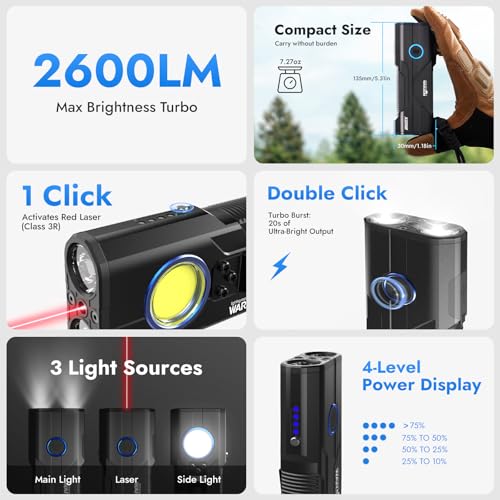 WARSUN X608S Rechargeable Flashlight 2600 Lumens, Super Bright LED Work Light with Magnetic Base, Pocket Clip, and Lanyard, Long-Lasting High Lumen Flashlight for Camping, Emergency, Home Use