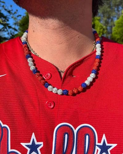 Baseball Bead Necklace for Men - 16 Inch Red/Black/White Rhinestone Ice Necklace