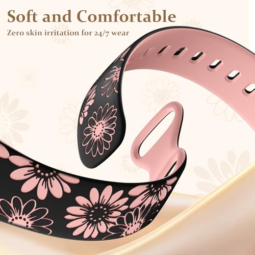 Sunflower Engraved Watch Band for Fitbit Sense/Sense 2/Versa 3/4 - Black/Pink