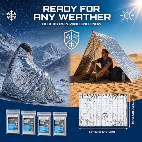 Mylar Emergency Blankets - 4 Pack 54" x 84" Thermal Survival Blankets