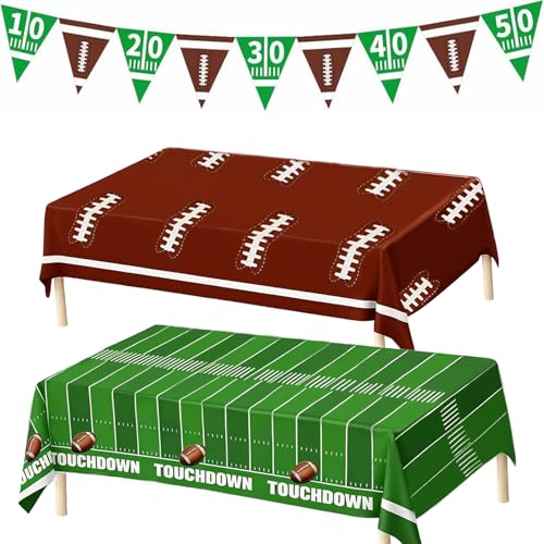 Football Party Tablecloth and Banner Set - 54 x 108 Inch - Green & Brown