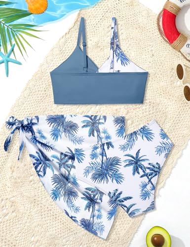 Girls Tropical Floral 3-Piece Twist Cross Bikini Set with Skirt - 9-10 Years Grey Blue Palm