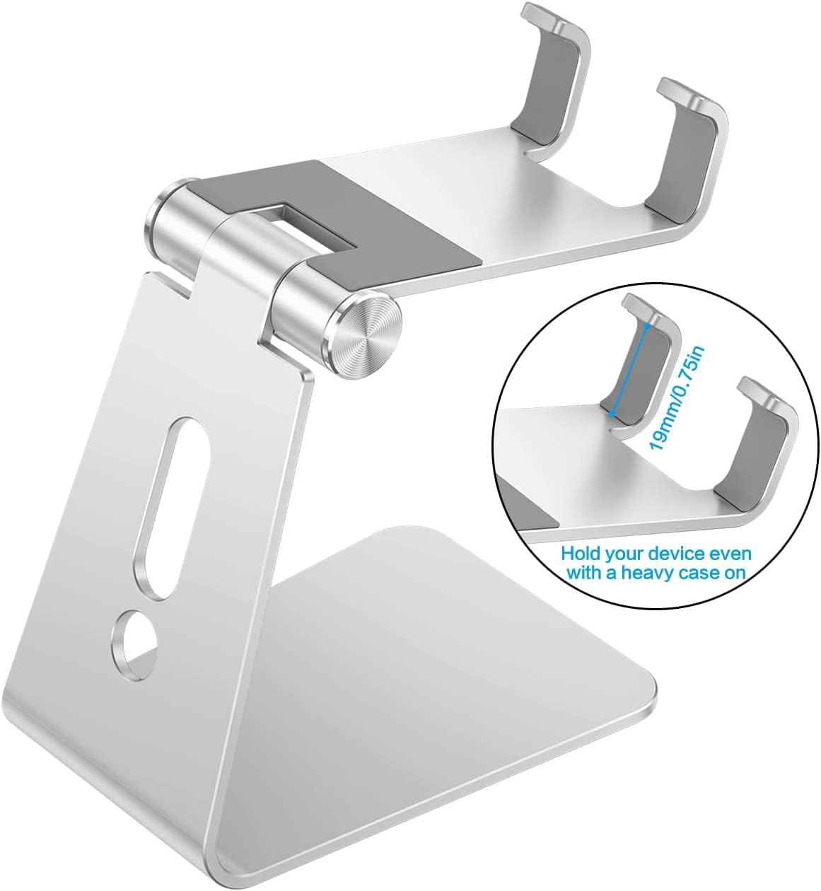 OMOTON Adjustable Cell Phone Stand - Aluminum Desktop Holder with Anti-Slip Base & Charging Port | Fits All Smartphones, Silver