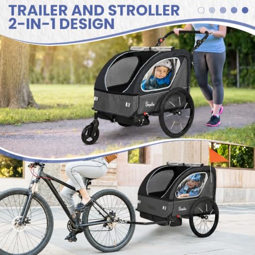 Kids Bike Trailer with Canopy & Pushcart - Black, 2-in-1 Design