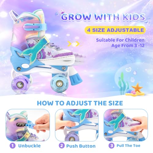 Light Up Adjustable Roller Skates for Girls - Mermaid Design - Blue Purple - Small