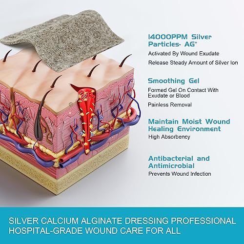 OPTITEKNIK Silver Calcium Alginate Wound Dressing Pads 4x4 Inch Pack of 10 - Absorbent, Non-Stick, Pain-Free Removal