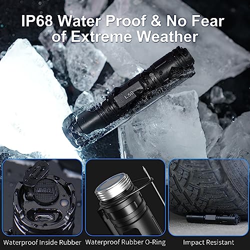 Wuben L50 Rechargeable Tactical Flashlights, 1200 Lumens, IP68 Waterproof, 5 Modes for Emergency, Rescue, Inspection, Hunting