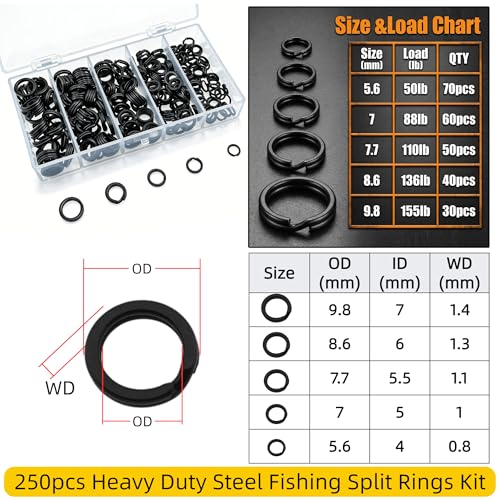 250pcs Black Split Ring Set - Heavy Duty Steel Fishing Connectors