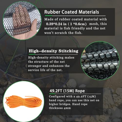 Drasry Collapsible Fishing Net 39.4x31.5in Rubber-Coated Bait Trap for Crayfish Crab Lobster Minnow Shrimp