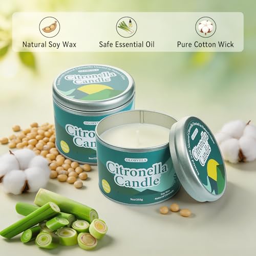 Olorvela 2 Pack Outdoor & Indoor Citronella Soy Wax Candles - 18oz, 60+ Hours Burn Time, Natural Scent, Reusable Metal Tins