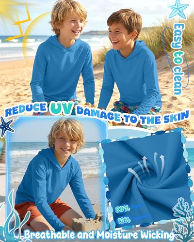 Boys Long Sleeve Rash Guard Hoodie UPF 50+ Sun Shirt - Royal Blue 9-10 Years