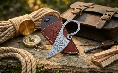 Hand Forged Celtic Viking Knife - Damascus Steel Fixed Blade with Leather Sheath