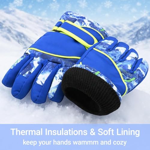 Kids Winter Snow Gloves - Windproof Cold Weather Ski Mittens, Blue, 4-7 Years