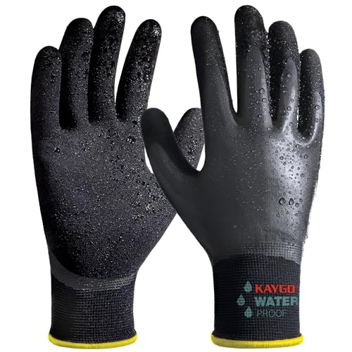 KAYGO Waterproof Work Gloves for Men and Women, Rubber Coated Non-slip Working Gloves for Garden, Outdoor Construction,KG150,Black,L