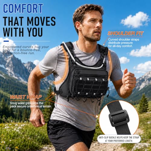 BECOJADDE Men's Hydration Running Vest with 2L Water Bladder - Pitch Black, Standard Set