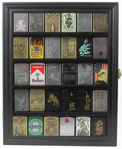 Black Wall Mount Display Case for Zippo Lighters - Holds 30 Collectibles