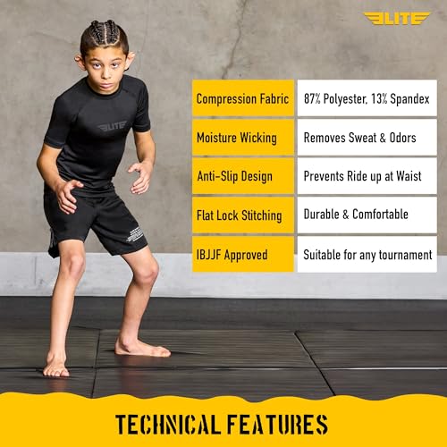 Kids Jiu Jitsu BJJ Rash Guard - Short Sleeve Compression Shirt - Small Black