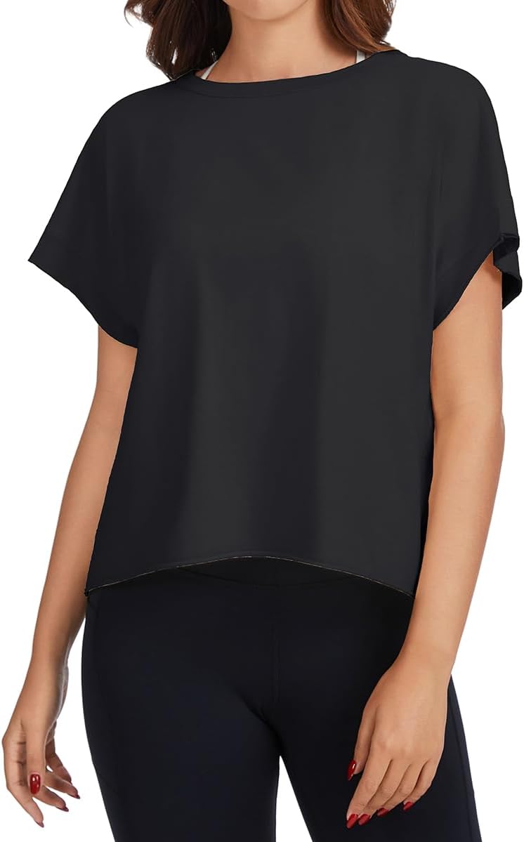 Skiennix Women's Open Back Workout Shirt - Cotton Short Sleeve Crop Top for Yoga & Fitness