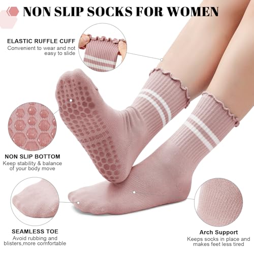 Pilates Crew Socks with Grips for Women - Light Blue, Mint Green & Pink