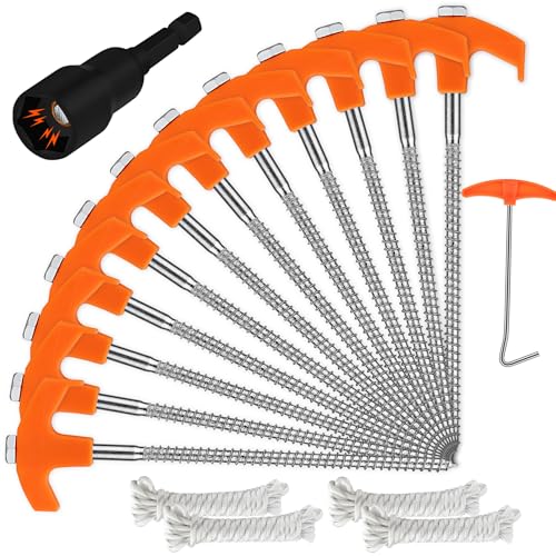 HORUSDY Heavy Duty Tent Stakes 12-Pack with 4 Ropes & T Pull Hook, 8 Inch