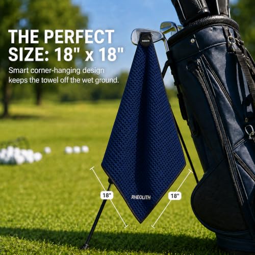 RHEOLITH Magnetic Golf Towel 18x18 Navy Blue Microfiber with N52 Magnet