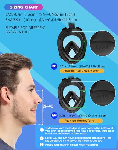 Full Face Snorkel Mask for Adults - 180° Panoramic View, Anti-Fog, Black / Large / X-Large