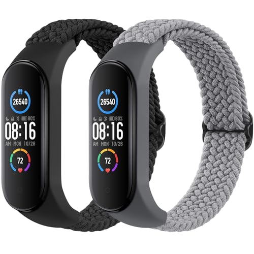 Soft Braided Nylon Bands for Xiaomi Mi Band 7/6/5/4/3 - 2 Pack Black+Gray