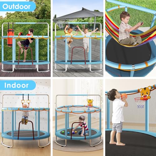Kids Trampoline with Safety Net & Adjustable Bar - 55" Blue