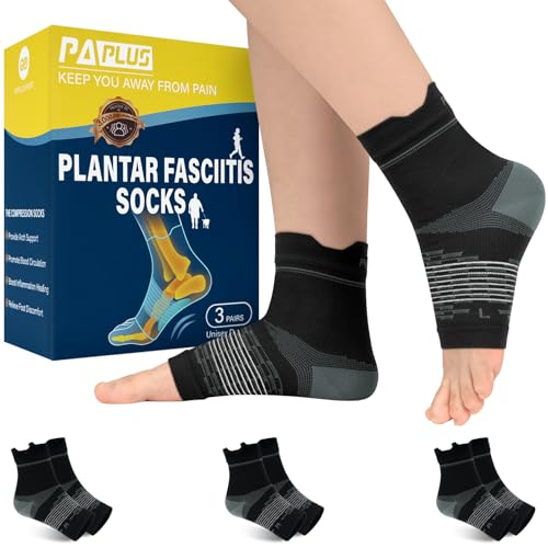 Plantar Fasciitis Socks - Ankle Compression Sleeve with Arch Support - Black (3 Pairs)