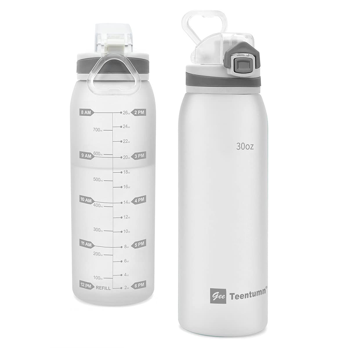 Teentumn Water Bottle BPA Free Tritan with Time Markers, 30oz Large Durable Gym Plastic Bottle for Fitness, Outdoor Enthusiasts, Leakproof White (Pack of 1)