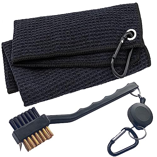 Microfiber Golf Towel & Brush Cleaning Set with Carabiner Clip - Black