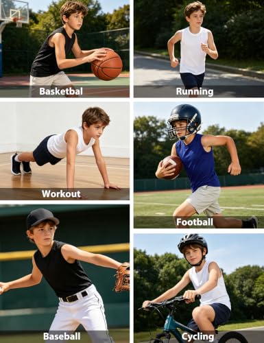 Boys Sleeveless Compression Shirt - Kids Football Undershirt, 9-10 Years, White
