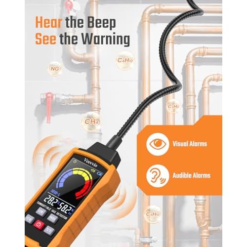 Natural Gas Detector with 18-Inch Gooseneck, Gas Leak Detector for Home, Gas Sniffer with Temp/Humidity, Audible & Visual Alarm, Locating The Source Like Propane Methane for RV (Includes Battery x6)