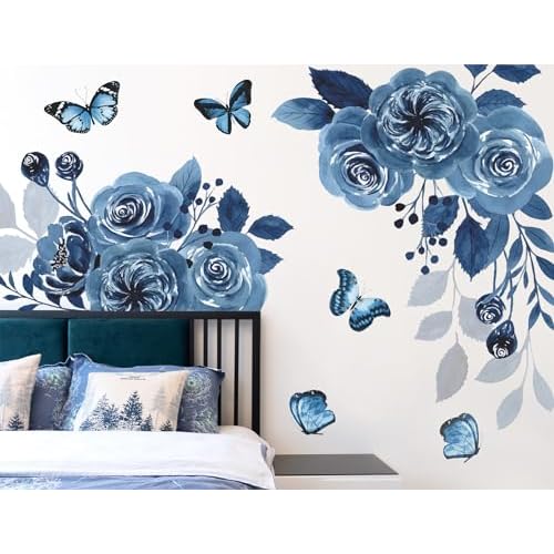 Flower Wall Decals - Blue Peony, Butterfly Rose, Floral Peel and Stick Removable Vinyl Decor for Girls Bedroom, Living Room, Kids Room