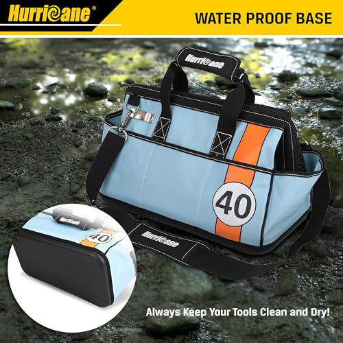 HURRICANE 16 inch Wide Mouth Tool Bag with Water Proof Molded Base with Extra Shoulder Strap, Racing theme-Blue, Multi Pockets, Large Inner Space