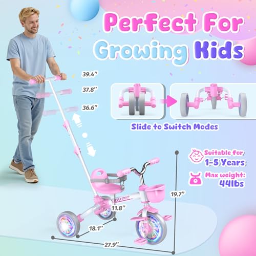 Toddler 5-in-1 Bike for Ages 1-5 - Tricycle with Pink Light-Up Wheels