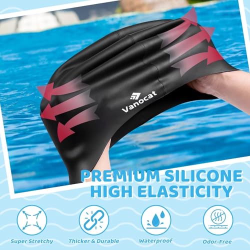 Kids Extra Large Swim Cap - Waterproof Silicone for Long Hair - Black