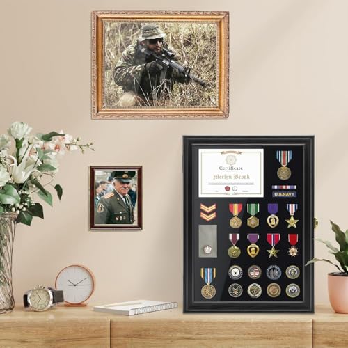 15.4x11.2 Inch Solid Pine Wood Military Pin & Badge Shadow Box Display Case with UV Acrylic, Lockable Wall Mount