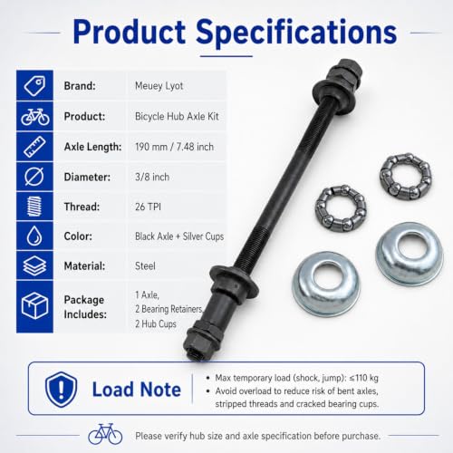 Bicycle Hub Axle Kit 190mm 3/8” Black Conical Nuts & Washers (1 Set) - Meuey Lyot
