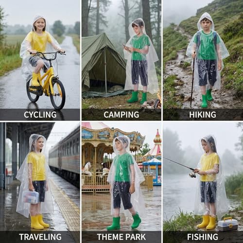 Kids Waterproof Rain Poncho with Hood - 20 Pack, Disposable Outdoor Raincoat for Boys & Girls