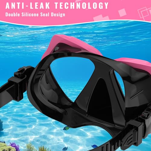 Snorkeling Gear Set for Adults - Dry-Top Snorkel & Mask - Black+Pink