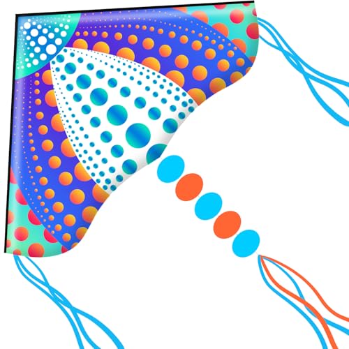 Honbo Large Delta Kite for Kids & Adults - Dots Pattern, Easy to Fly Beach Kite, Colorful Tail, Beginner Friendly, 53.5x30.3in