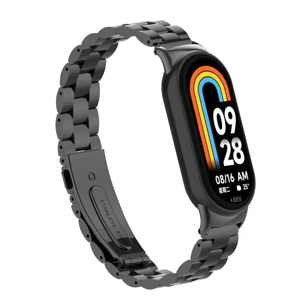 T-BLUER Compatible for Xiaomi Mi Band 8/9 Band, Mi Band 8 Stainless Steel Metal Replacement Strap Bracelet Wristband Accessories for Xiaomi Mi Band 9 Black